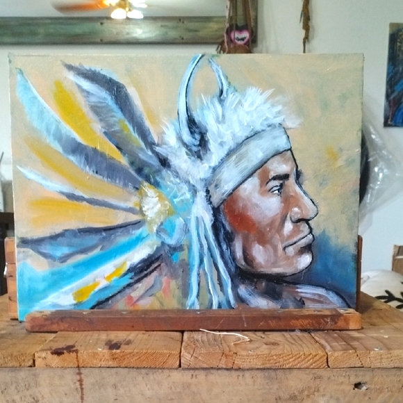 Handmade Other - Native American Portrait Canvas Art in Blue and Brown